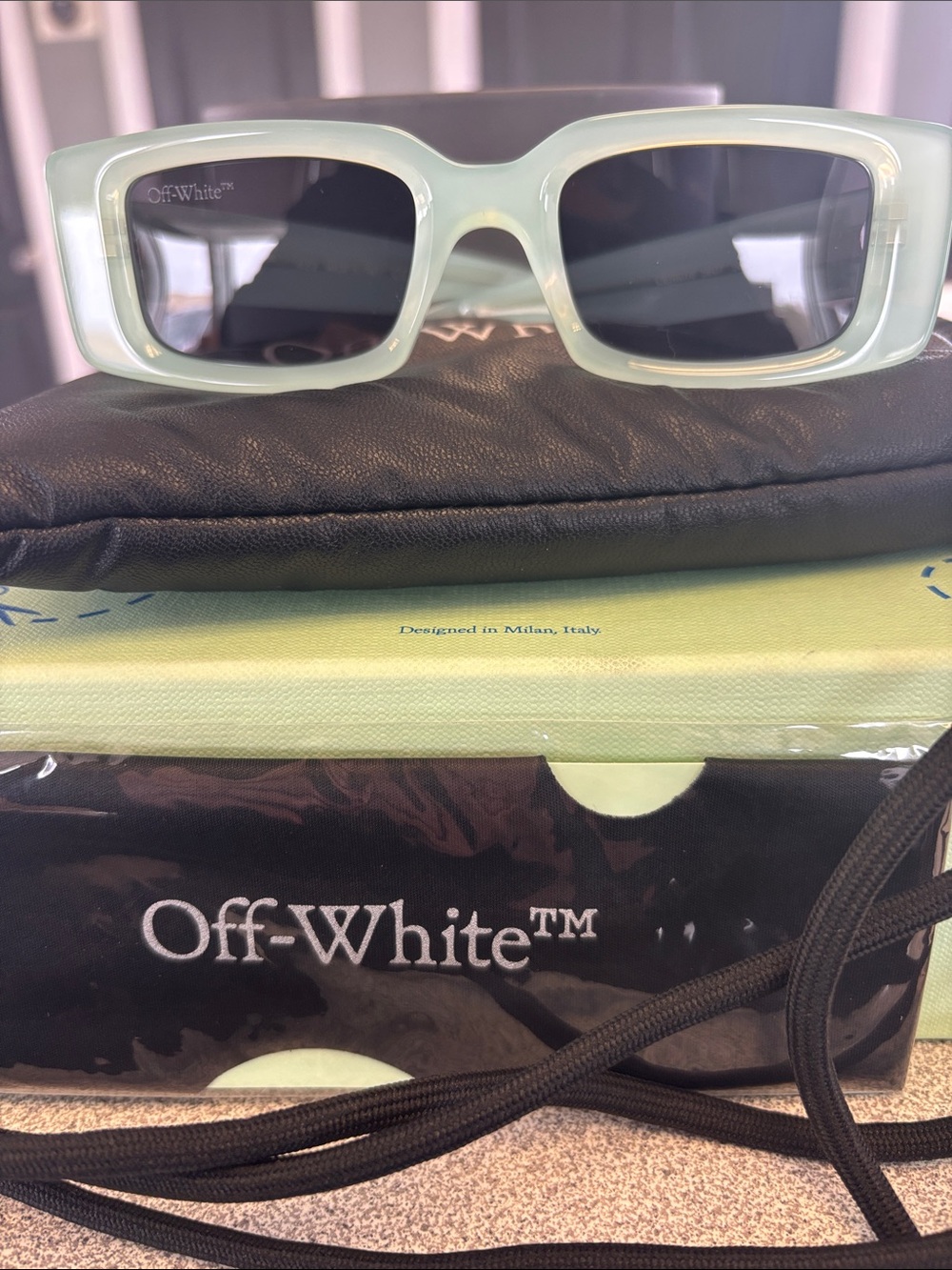 Off-White Women’s Sunglasses in Pale Green with Dark Lenses